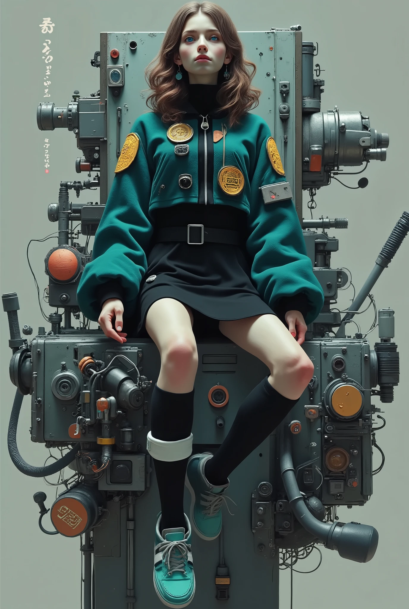 short hair, The wavy, light brown haired jacket is prominently drawn, I'm wearing an outfit like a futuristic dark teal uniform with intricate mechanical details and patches. 彼女の服装にteeth黒, gold, teal accents on her outfit, Matching skirt, 鮮やかなYellowの靴底. 彼女の表情teeth落ち着いている, with surprisingly large blue eyes It's surrounded by earrings. 設定teethSFの雰囲気を醸し出しています, minimalist background drawn with a woman sitting on a complicated, mechanical device covered with panels, wire, and sir々Gadget. この作品teethサイバーパンクの美学を反映しています, and the cool color palette of high-top sneakers stand out in addition to the story of advanced technology highlighted, gray, Yellow. 彼女の横の機械にteeth文字が書かれています未来的なフォント, teeth、Blues. 環境teeth厳しい, setting creates a sci-fi vibe, teeth、with intricate mechanical details and patches I'm wearing a costume that looks like a futuristic dark teal uniform and、focusing on detailed interactions between characters and machines, creates an immersive and speculative atmosphere