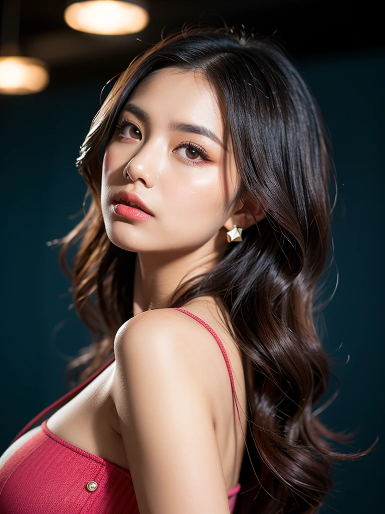 Ultra HD resolution,artistic photos,Professional erotic Photography,Dark red LED Background ((21 year very sexy girl deep in thought looking at the camera, earrings, long brunette wet hair, cold ultra realistic damp skin, wearing very sexy black silk blouse)), exposed cleavage, posing like erotic-model, in a office at night, smiling at viewer, natural red lips, attention to detail, captivating eyes.