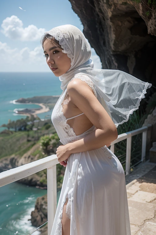 (((holding her breasts show it to viewer))), Hyper realistic, Beautiful, cute Face, 17 Years old Indonesian women, (wearing hijab), white kebaya dress, luxury necklace, White Skin, sitting on chair, terrace, Perfect Potrait, open chest, Look at Viewer, Perfect Eye, Perfect Hand, Perfect Finger, side view, full body shot, face incredibly detailed, lips, realistic skin, solo,medium breasts,skin tight, puffy ,facial, masterpiece,best quality, Intricate, High Detail, dramatic, wide view