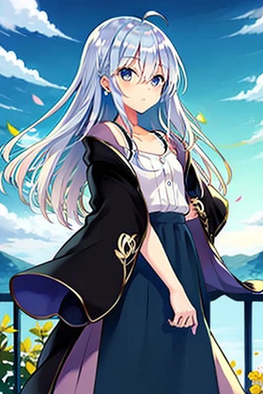((Pixiv)),(masterpiece_portrait),(game_cg),(Wuxia),(Fate/stay night),female_focus,looking_to_the_side,1girls,Japan,Iceland,samurai,curvy,sharp_face,very_long_hair,white_hair,blunt bangs,hair_between_eyes,cowlick,blue_eyes,large_breasts,smiling_face,Navy capelet,White china_dress,Blue Accessory,Moon Yellow Accessory,Blue tasuki,white tabi,Navy high_heel_boots