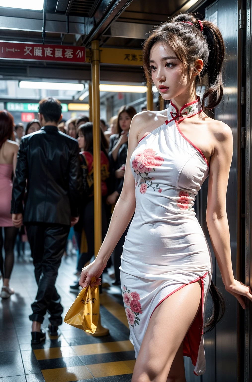 high resolution,
1 beautiful young woman,
(soft saturation:1.3), (fair skin:1.2),
wearing a white clothes,
85mm lens,f/8.0,
background,
gyaru,
brown hair,
medium breasts,
BREAK
(china street:1.3),
1girl, 18 years old, (china dress:1.5), side-tie peek, (china dress:1.5),
double bun and long twin tails, black hair