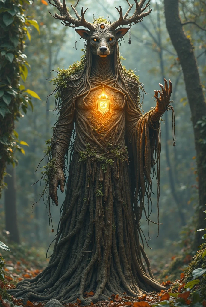 create a rooted human as if a tree was growing inside him and with a half-burnt body with orange clothes
