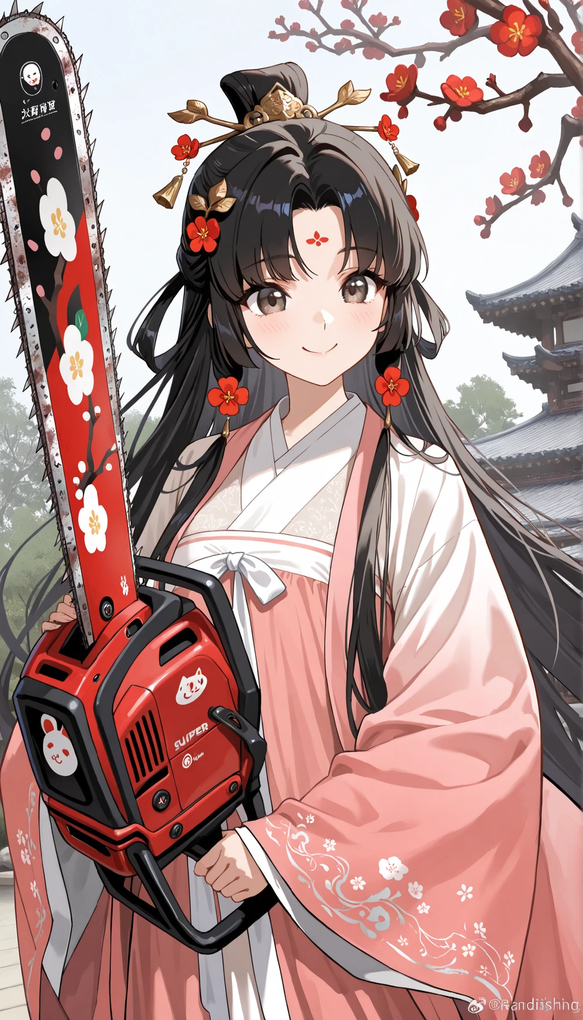 ((best quality)), ((masterpiece)), (detailed), perfect face, textured skin, ((super detail)), high quality, high details, Black-haired woman in Hanfu, Brandishing a chainsaw, Happy expression, smile, Kanzash(Japanese hair ornaments), Background (plum tree, plum blossoms), Japanese garden