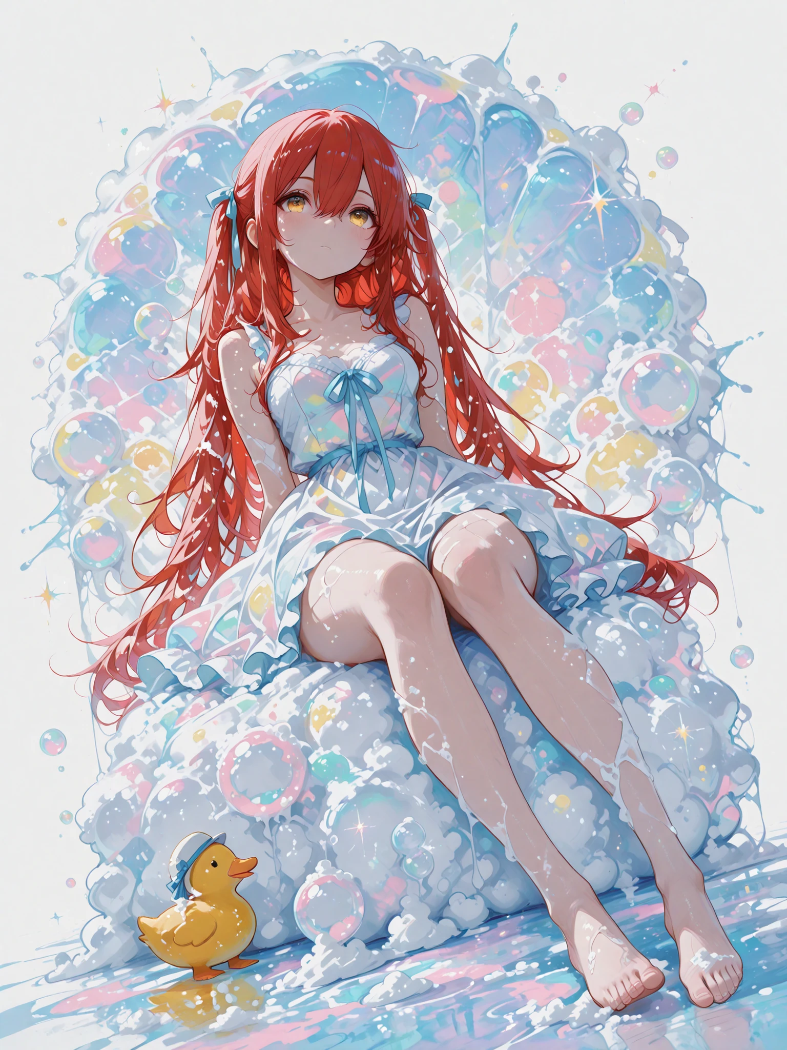 wide shot,full body 1 girl , golden eyes , very long hair , long sidelocks, red hair ,half updo, petite , very cute , beautiful ,Straight hair, cool, handsome, hair between eyes, sexy, medium breasts , (twintails), fluffy wavy hair,sundress,spread skirt,bare legs,long hair ribbon light blue ribbon((soap bubbles))(colorful soap bubbles)((lots of soap bubbles)) lots of soap bubbles))(light leaks)(sharp reflection light)soap bubbles in background,duck toys,glitter,sitting dynamic angle,((best quality)) ,water_aesthetic, watercolor, abstract background, white background, watercolor background, pastel_colors, lying on her back