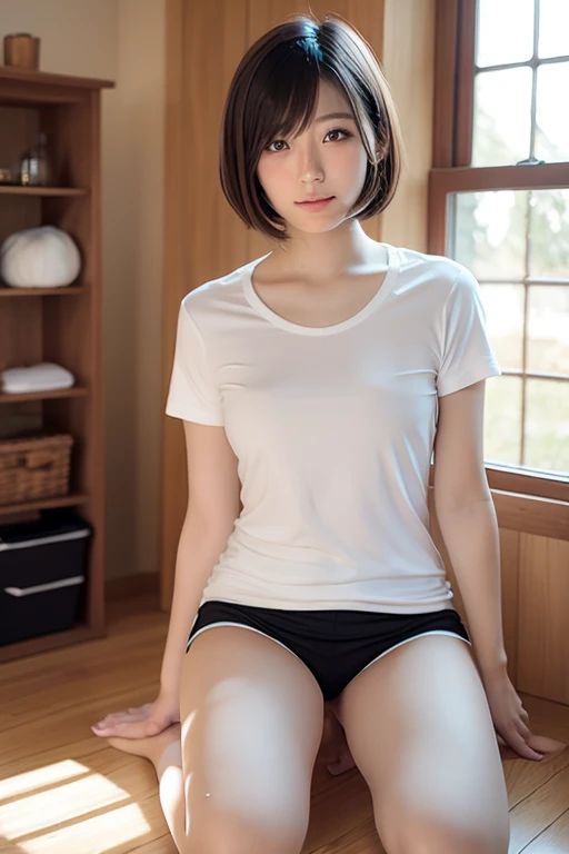 Ultra High Quality, High resolutionであり, 8K, ((highest quality:1.5))、(masterpiece:1.4)、Raw photo、8k,、Realistic、Photorealistic、((Best image quality))、 ((High resolution))、Realistic human skin、「((Reproduces even the pores of the skin1.8))」,「((Clear enough to see pores))」, (One Girl:1.3 ),1 Girl, (Cute Japanese Girl)、(Very short hair:1.4)、Age 10, (((13 Talents))),(boyish)、((mannish))、((Young body type)),average body shape, ((I have a little bit of hair growing on my thighs)),There is a little bit of hair growing under the arms,((I'm wearing gym clothes)),Sitting