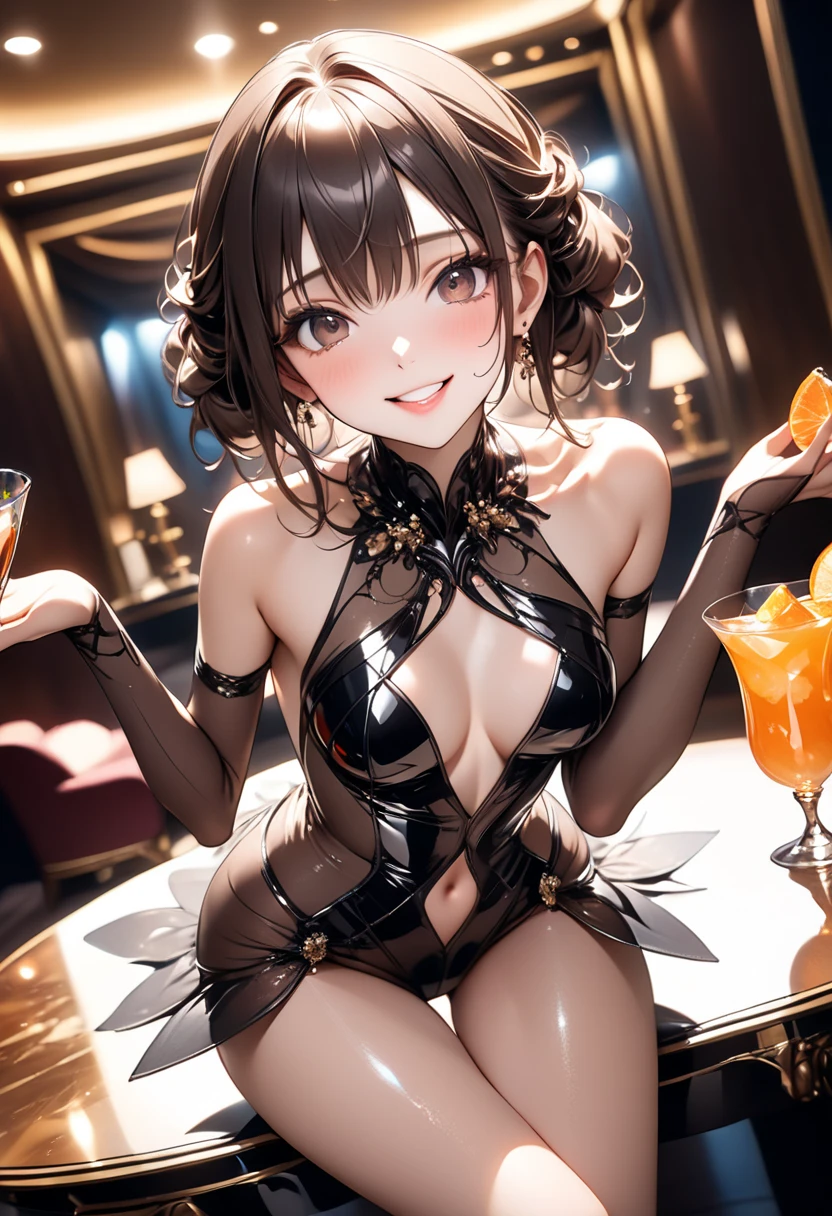((masterpiece, Highest quality, Very detailed)), anime CG, 
NSFW, 
One girl, 20 years old, full makeup, black hair, bob cut, swept bangs, BREAK ((black eyes)), droopy eyes, thick thighs, medium breasts, looking at viewer, 

 BREAK looking at viewer, cowboy shot, 
evil smile, ((open mouth)), ((tongue out)), 

random porn pose, 

BREAK ((black heart pasties)),((black heart maebari)), 

BREAK girls bar with red lighting, a bewitching atmosphere, a spacious girls bar with a high ceiling, a bar counter, counter chairs, rows of liquor bottles, faint light,