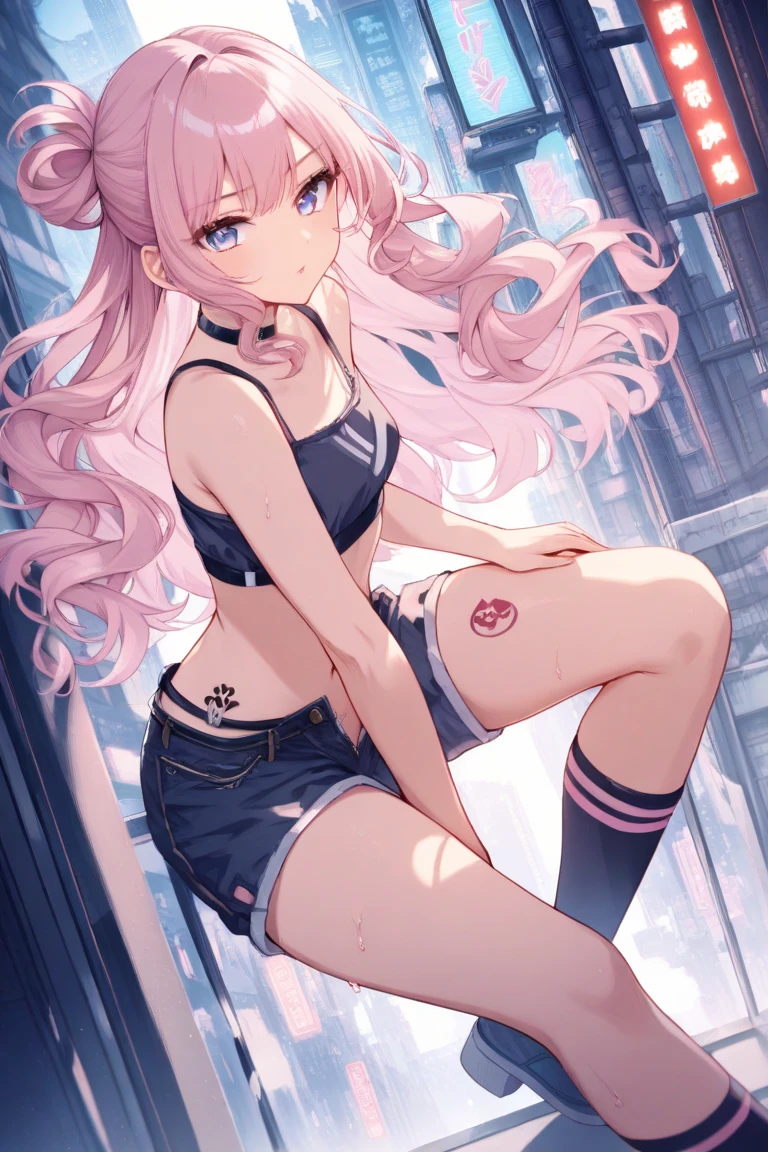 (best-quality:0.8), (best-quality:0.8), perfect anime illustration, pretty mature woman walking through the city, long white hair, (tattoos), pink bra, white shorts