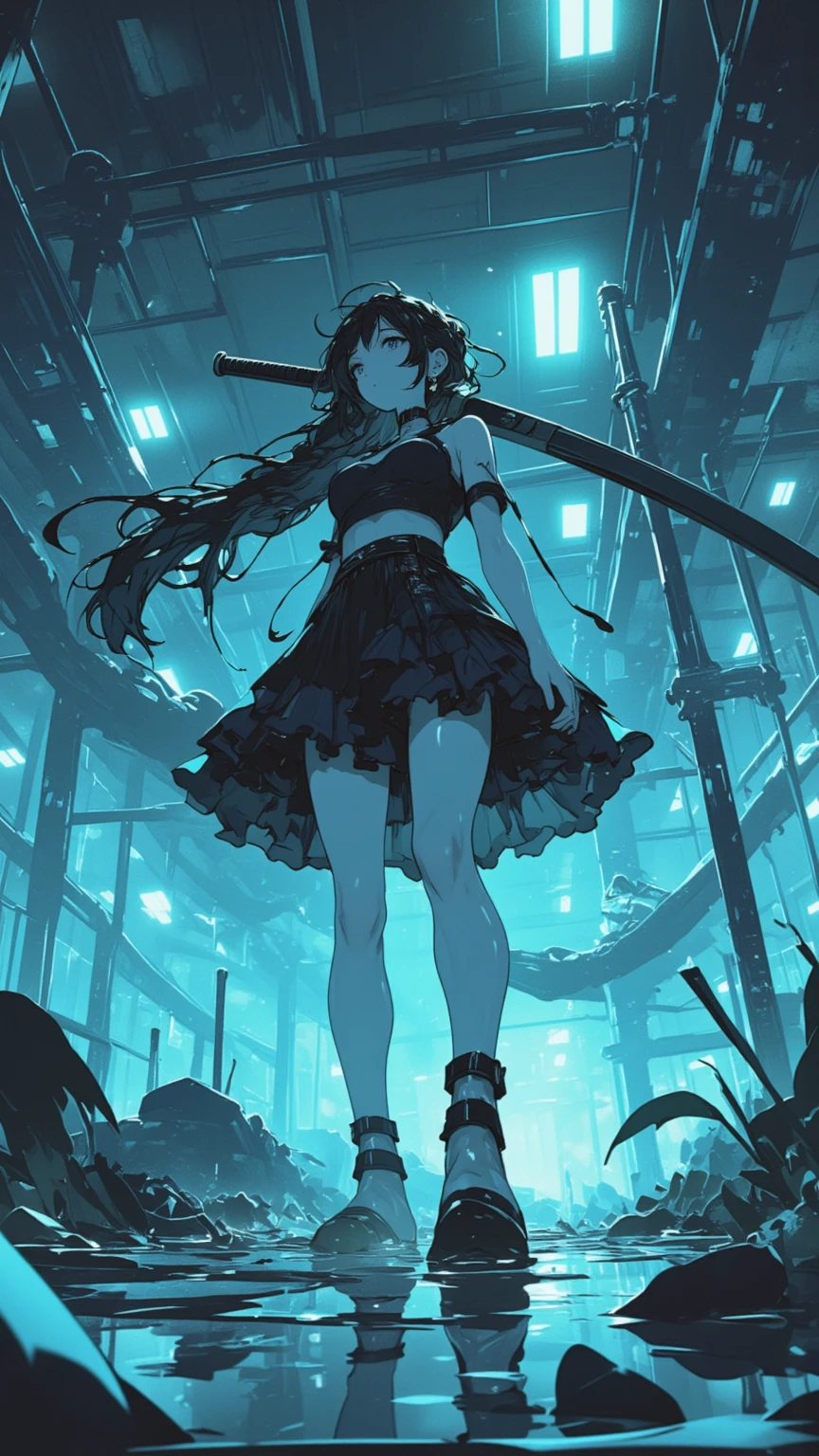Girl captured by tentacles in abandoned factory Tentacles in a skirt Pants fabric texture