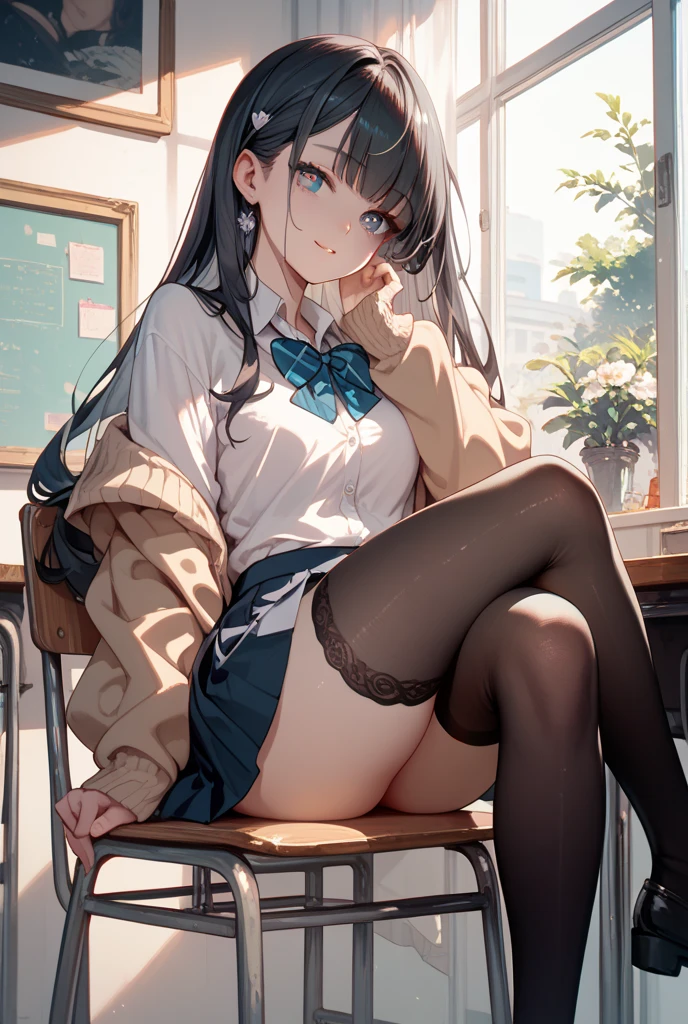 Masterpiece, black socks, school uniform, cute, very delicate eyes, neat face, sitting, 8k