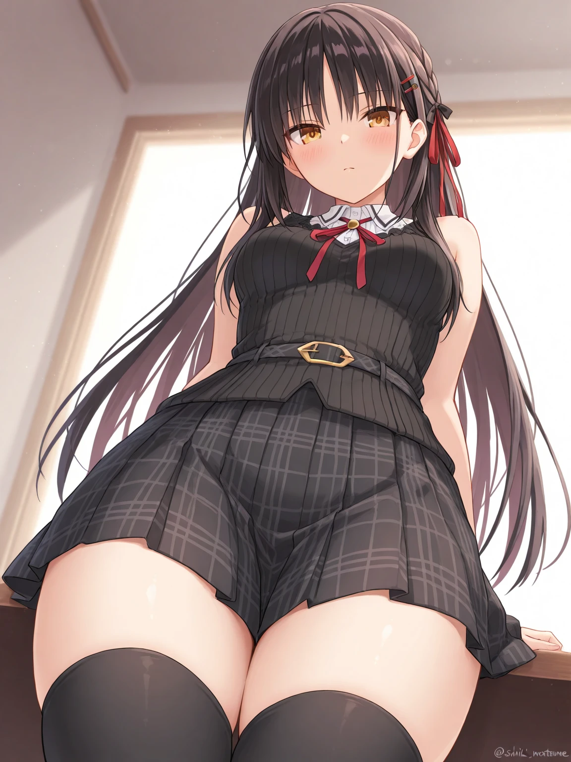 girl, solo, full body, from head to toe, standing, (Huge_Breasts:1.3), (short_skirt:1.2), mini skirt, (very short_skirt:1.2)
Character Design Sheet, character reference sheet, character turn around, front, back,
jtfmob, halo, hair over eyes, black hair, long hair, red eyes,
jtfmob, halo, hair over eyes, black hair, long hair, red eyes,
beret, black serafuku, black shirt, long sleeves, black miniskirt, choker, black gloves, black socks, black shoes