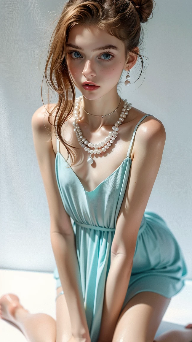 (((A bright and stylish room、window、flower、green)))、(((High Key Portrait 2.0)))Professional Lighting、(((Professional Lighting 1.5)))、Translucent skin texture、Beautiful Skin、Beautiful Skin、Glowing Skin、(((Whitening 1.5)))、、、音符のEcstasy、(((Sky blue dress 1.5)))、See-through 1.4、See through、mini skirt、Mid-shot photo、Simple earrings and necklace、((Brown Hair))、((Medium Hair))、Tie your hair up、Sex Appeal、Sex Appeal、Ecstasy、(((Mid-shot photo1.5))、(((1.85)))、Transparent photos、Graceful and beautiful woman、