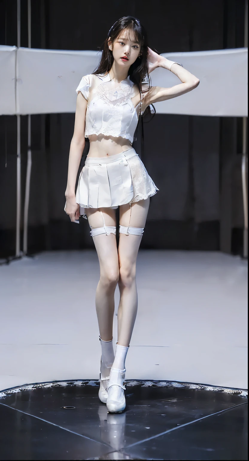 Onegirl、a Korean girl、She looks、a miniskirt、stockings、full bodyesbian、large full breasts、Model Pose、Fashion Show Stage、walking、