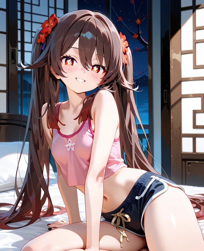 Reimu Hakurei, (Brown eyes:1.5), Brown Hair, bow, hair bow, Hair Tube, Long Hair, red bow, Side Lock,Bed、
Blake Ascot, (((Cute white bra、Cute white panties)))、sit、(((Backwards、look back)))、
BREAK Watch Viewers,blush、Surprise face、
Outdoor rest, shrine,Cowboy Shot,Smile Break (masterpiece:1.2), Highest quality, High resolution, unity 8k wallpaper, (figure:0.8), (Beautiful attention to detail), Highly detailed face, Perfect lighting, Highly detailed CG, (Perfect hands, Perfect Anatomy),Dynamic pose,