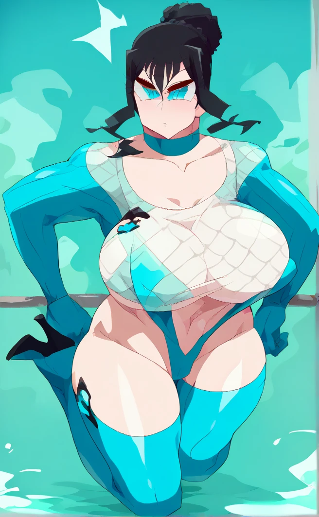 Top view angle、(((Crouching with legs apart、Put your hands behind your head and show your armpits、Hairless armpits)))(masterpiece), (Highest Resolution), 1 Girl, , pretty girl, , Very large breasts, Abdominal muscles,Light blue hair, Red eyes, Long hair priest \(dq3\) Orange see-through bodysuit,Bodysuit that exposes armpits(((NSFW、Naughty pictures)))