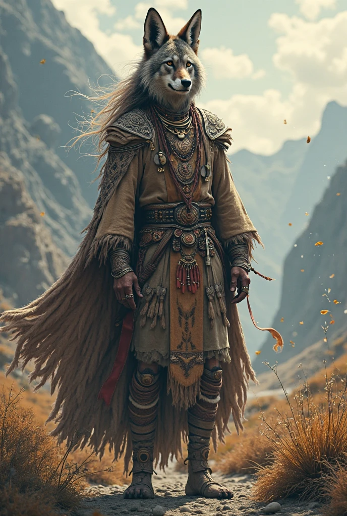 Exotic male, draped in patchwork robes made of tattered fabrics and animal hides, wearing a crown of twisted branches and feathers, standing before an ancient temple ruin, surrounded by dense jungle, rendered in acrylic by Chris Ryniak, Gary Baseman, dark yet vibrant color palette, bold brushstrokes, moody lighting, intricate details, 4k, HD, beautiful, haunting