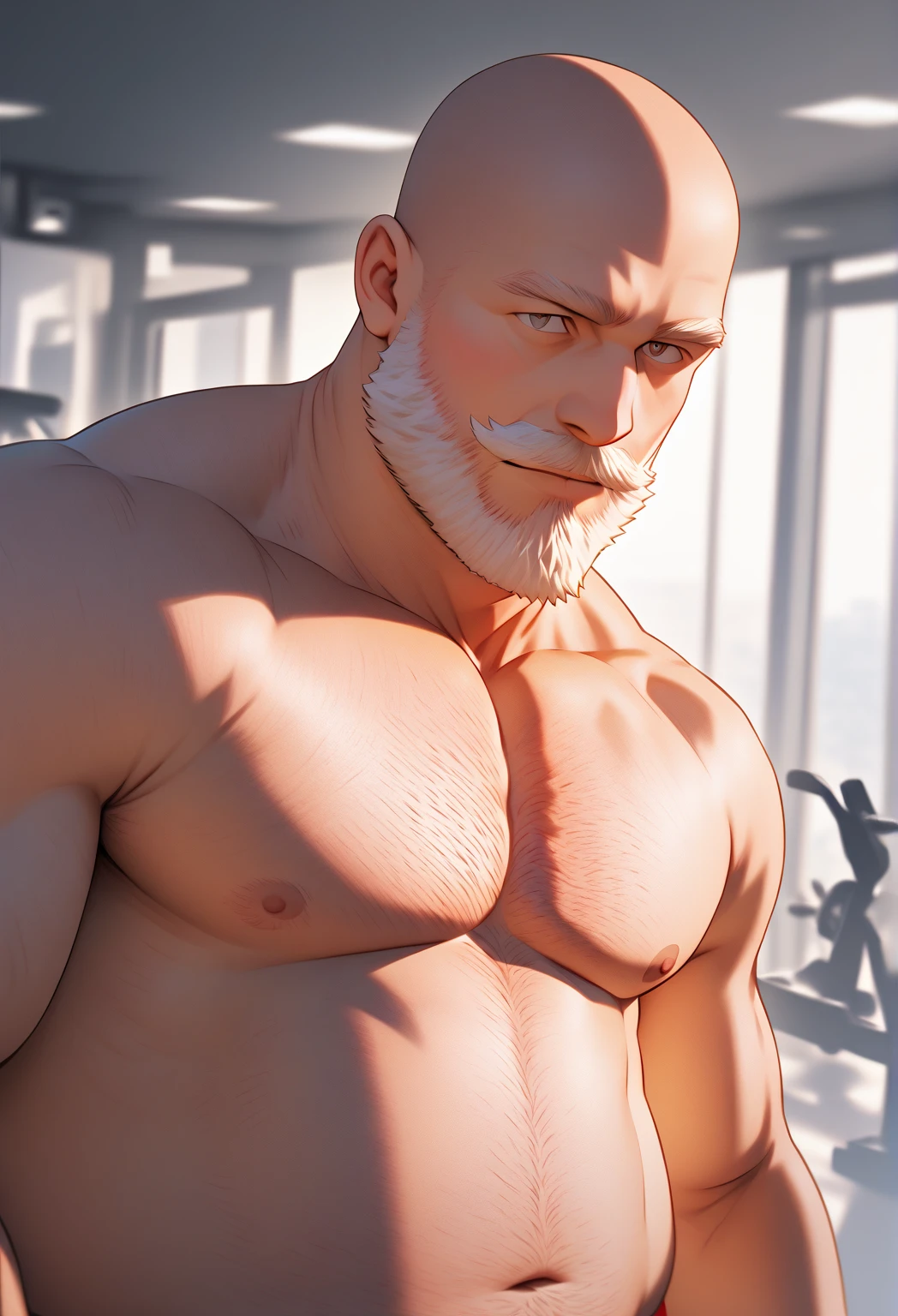 (masterpiece, best quality), 1 old man, handsome beautiful face, muscle male, beautiful body, wearing ayanami plugsuit, bodysuit, interface headset, white bodysuit, nice bulge, nicebulge,