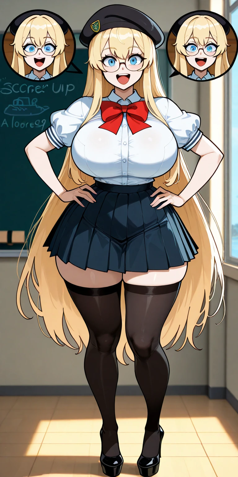 25-year-old Caucasian woman、ash blonde、blue eyess、Semi-long、setting hair、I'm tying my hair、My hair is wavy、Slender but thin macho、accessories on the wrist、wearing a chain necklace、Beautiful breasts、a smile、I need space above my head、Wearing a high-leg loetard、Wearing heels, huge breasts, thick thighs, black lacy bra, shirt lift, lingerie, sultry, seductive, sexy, oily body, wide hips, abs, muscular female, nipples, wet body, open legs, blue blouse, black leather jacket, voluptuous, curvaceous, zettai ryōiki, skirt, thighhighs, pleated skirt and thighhighs