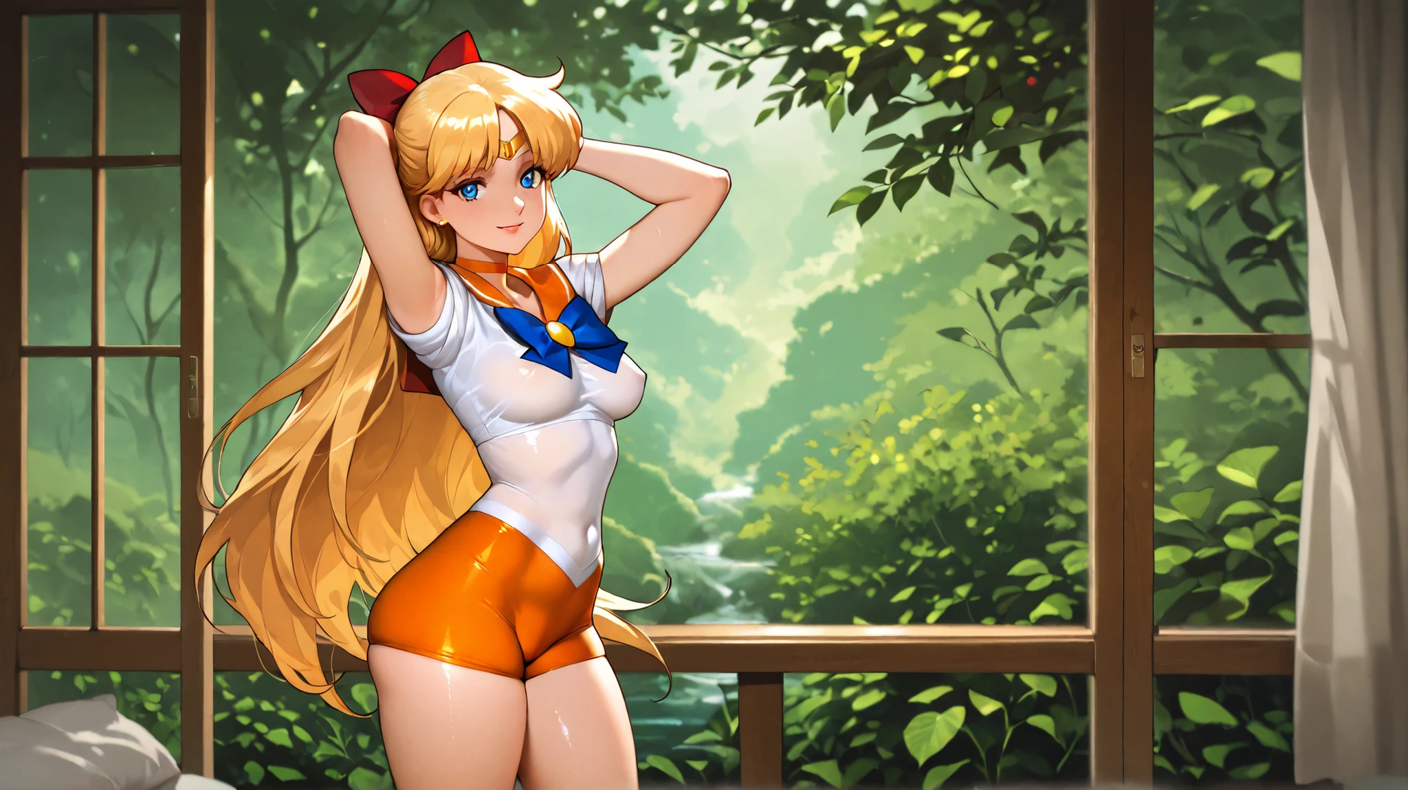 (Best quality,4K,8K,A high resolution,tmasterpiece:1.2),ultra - detailed,(actual,realistically,realistically:1.37),Ultra HD face, HighDynamicRange,hyper HD,Studio lighting,Ultra-fine painting,Focus sharp,physically-based renderingt,Extremely detailed description,professional,terror,japanese manga,sci-fy,photography,Concept artist, natta,tmasterpiece,Best quality,A high resolution,venus1,1个Giant Breast Girl,独奏,Sailor warrior uniform,sailorvenus,Minako Aino,blonde with blue eyes,magical little girl,eBlue eyes,orangeskirt,Wear gloves on elbows,Headgear,pleatedskirt,Bow knot,Orange sailor collar,mini-skirts,Collar,red bowtie,Orange collar,whitegloves,Extra-long hair,jewely,ear nipple ring,Sit Pose,crossedlegs,Stand in the pool, White skin of the, thicc, Colossal tits, Chest larger than shoulder blades, Chest larger than shoulder blades, Slimming the waist, Pelvis larger than shoulder blades, Fitness model, breath through, sweaty, The body is moist,