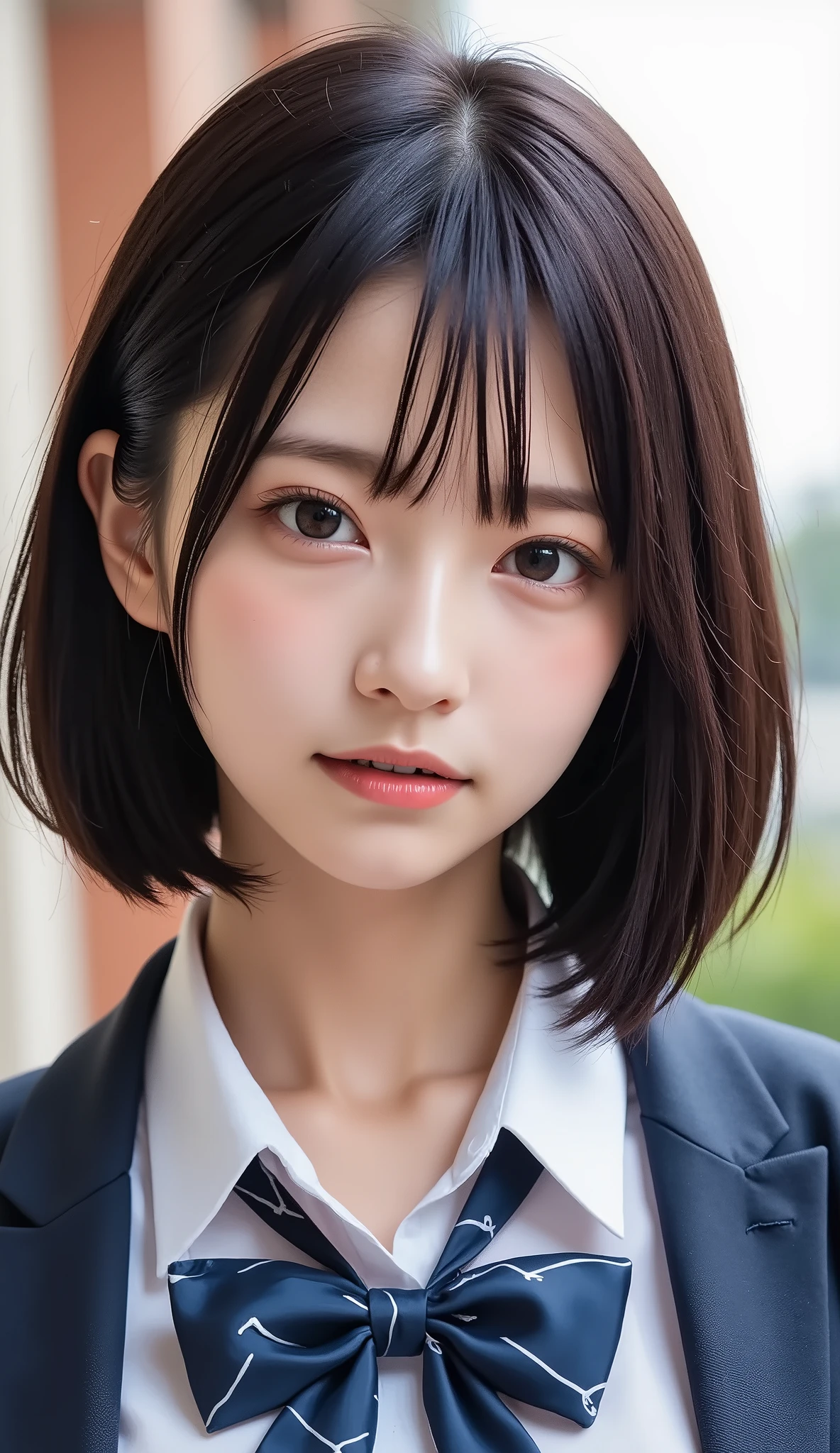 清楚な若い女性、、close your mouth:1.2、realistic、Photorealistic、very detailed、The inside with the most detailed skin、best quality、masterpiece、Ultra high definition、very short hair、茶髪、Women's College、young girl、、bang、double eyelids、Drooling eyes、The Face of Japan to improve your white space outfit、、 カメラ目線、、