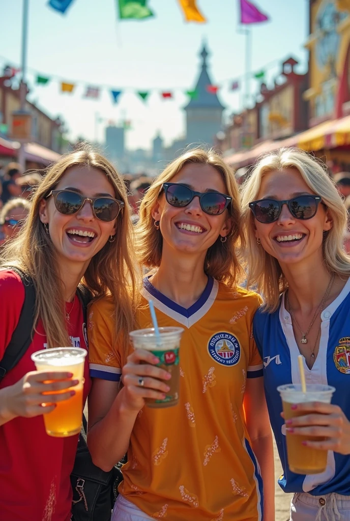Magnificent detail, 8K Photos, hyper- realism, professional light, realistic background, visual depth, wide angle lens, all-body, price in a soccer stand cruzeiro sport club fan. 4 natural blondes 23 years old lift their shirts and show their beautiful breasts to celebrate the goal. Men admire the scene. Atmosphere of extreme happiness. goal. Cruzeiro Esporte Clube. soccer. beautiful breasts. feast. Bandeiras com o escudo do Cruzeiro Esporte Clube