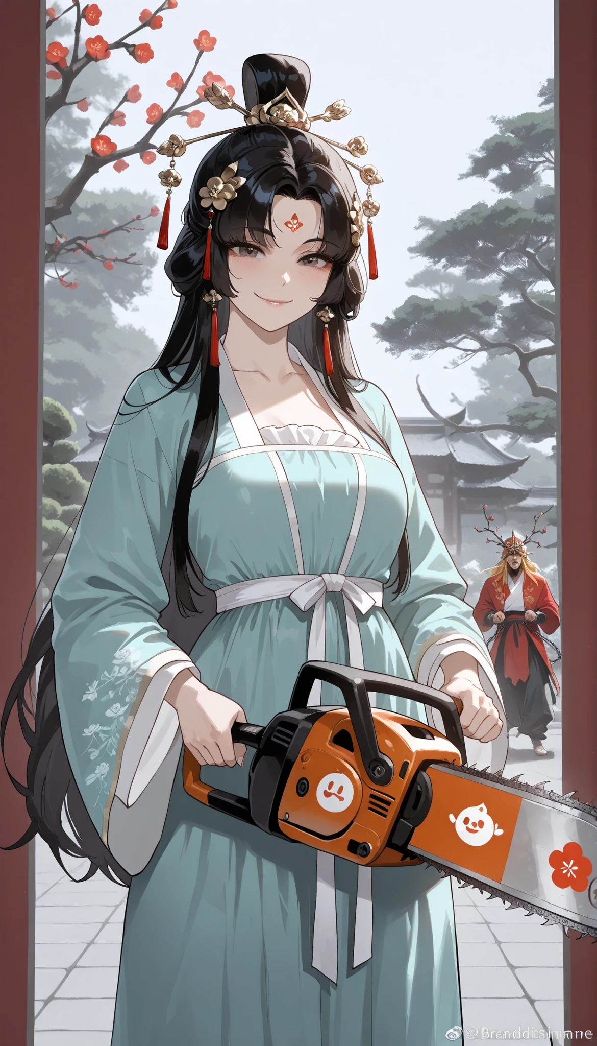 ((best quality)), ((masterpiece)), (detailed), perfect face, textured skin, ((super detail)), high quality, high details, Black-haired woman in Hanfu, Brandishing a chainsaw, Happy expression, smile, Kanzash(Japanese hair ornaments), Background (plum tree, plum blossoms), Japanese garden