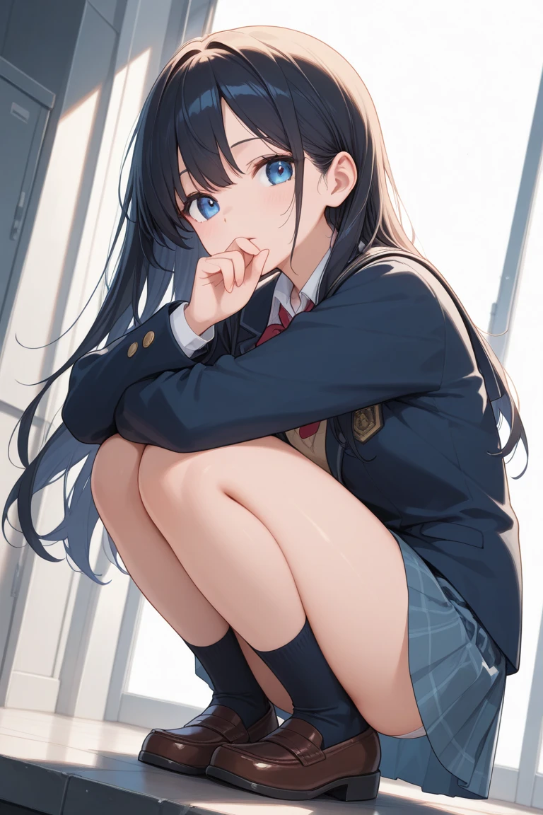 (masterpiece、Highest quality、High resolution、Realistic photo、Real looking skin:1.1)、
(The woman is squatting with her knees and thighs together and her legs closed.:1.8)、
(To see the panties々is sitting directly in front of her and looking:1.8)、
(He is resting his chin on his hands and his elbows on his knees.:1.8)、
(A glimpse of panties:1.5)、
(Provocative and smiling expression:1.8)、
(I wear a plain white collared shirt underneath my navy blue blazer, which is my high .:1.8)、
(I'm wearing a checked miniskirt from my high .:1.8)、
(She is wearing white loose socks and black loafers.:1.8)、
(The panties are white and patterned:1.5)、
(She has long brown hair.:1.5)、
(She is 18 but has a mature look.:1.5)、
(The chest is ample:1.5)、
(Location: High school classroom:1.5)、
1 Japanese Girl、solo、Full Body Esbian、Beautiful Eyes、Shining Eyes、Shining thighs、NSFW