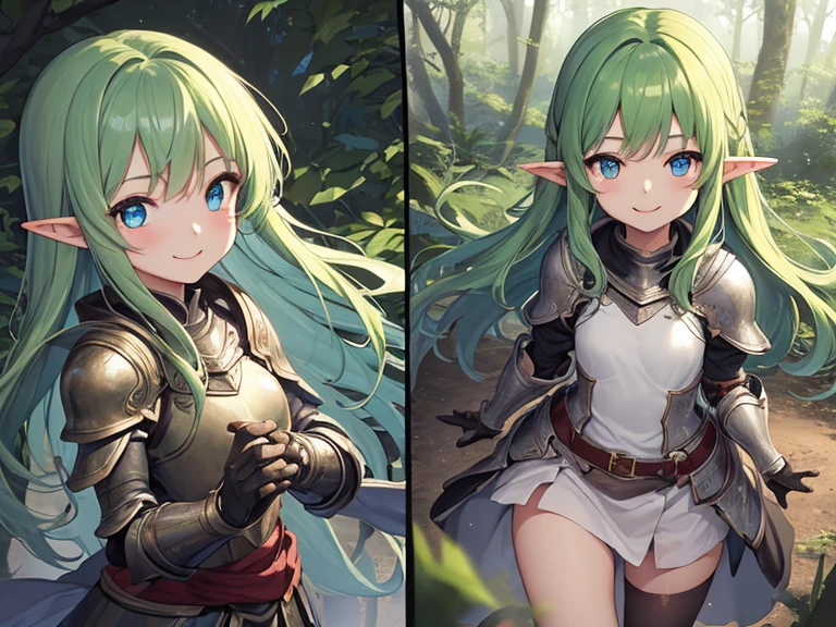 elf, long straight green hair, green eyes, paladin, silver armor, heroic pose, serene expression, fantasy, medieval, dungeon