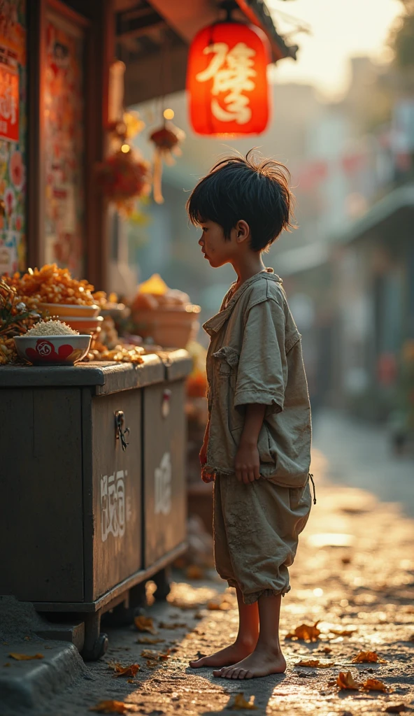 Child working selling sweets at traffic lights with a sad expression and old clothes, watching other children playing from afar