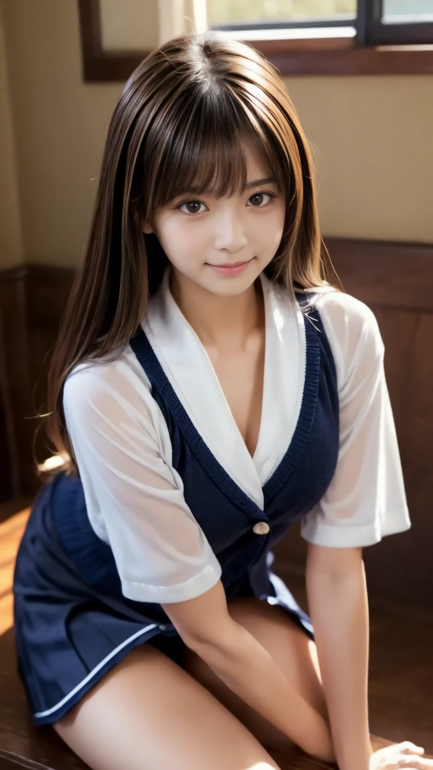 (超High resolution, masterpiece, Anatomically correct, Textured skin, Super Detail, Highest quality, High resolution, 8k, bloom, Front light), (Cute and sexy 18 year old schoolgirl, Sexy Face, Distant eyes, Gentle eyelids, Thin eyebrows, Gentle corner of the eye, Beautiful aquiline nose:1.4, It will totally charm you, Eyes that feel erotic, A taste of beautiful eroticism, Too cute beauty), (Brown Hair, Long Hair, Horizontal French Twist Hair:1.4, bangs), (Gal Makeup, eyeliner, Lip gloss), (Mid-chest, Slim proportions), (Looking into the camera, Photographed from the front:1.3, close), (Sleeveless sailor suit), (School, School room, Near large windows,Random Sexy Poses,whole body,sit,Spread your legs), (smile:1.2)