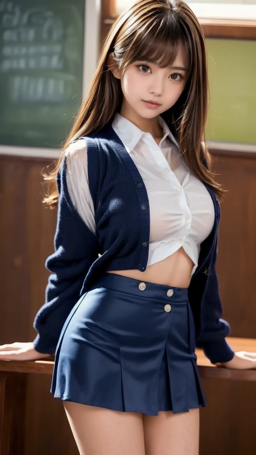 ((top-quality、in 8K、​masterpiece:1.3, Photorealsitic:1.3, From  above)), full body, (((white ribbed panties:1.3, Inter-strands))), Japan schoolgirl, 1 female, A dark-haired, With bangs, Undersized breasts, cleavage, (Japan schoolgirl uniform, Dark blue socks, Thicker thighs), Highly detailed facial and skin texture, A detailed eye, Detailed lips、Highly detailed hair depiction, nose blush, shy, natural makeup, looking at a viewer