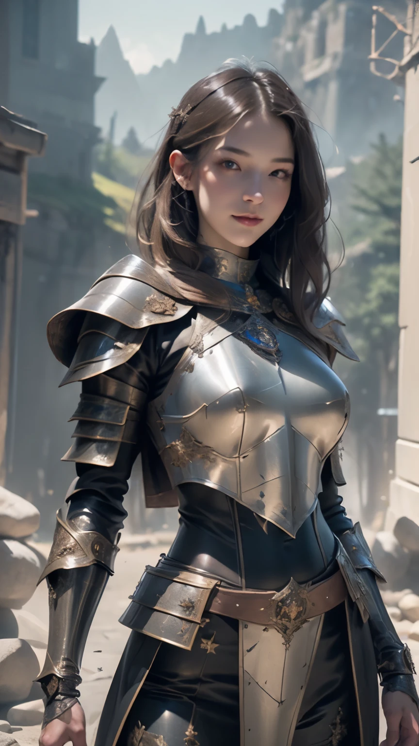 ((front facing)), Game Art,Best Picture Quality,highest resolution,32k,(),(portrait),( close-up head ),(Rule of Thirds), Unreal Engine 5 Render, (Future Girl),(Female Warrior), 20 year old girl,sexy, Elegant smile, short hair, ((hunter, Marshal Gunner)), Eyes full of details ,(big breasts),Elegant and noble,Indifferent,Brave, (Medieval Style Fur Battle Suit, sexy lace top,Shining magic lines,Detailed Animal Skin Costume Medieval Female Knight,Medieval Ranger, Photo poses,simple background,movie lights, ray tracing,Game CG,(([3D Unreal Engine)),OC Rendering Reflection Pattern