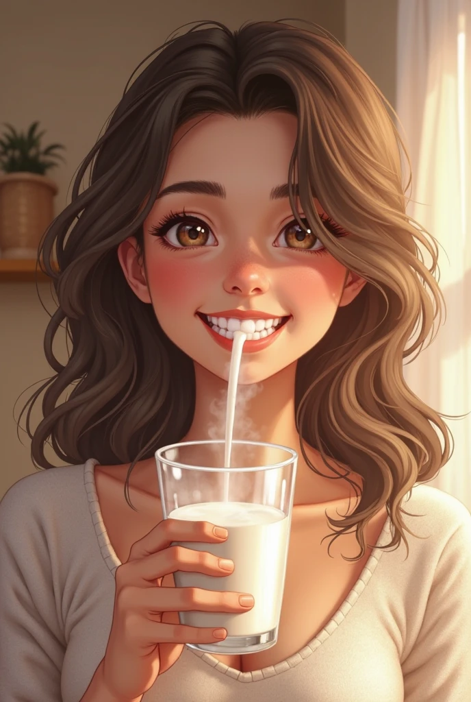 hyperrealistic,1woman,beautiful mature woman,handjob,plump body,black hair,woman focus,sweaty,tied up hair,face focus,at public bathroom,brown sleeveless sweater,open mouth,showing excessive cum on mouth,cumshot,look at viewer,oval face,pink lips,satisfied smile,tareme
