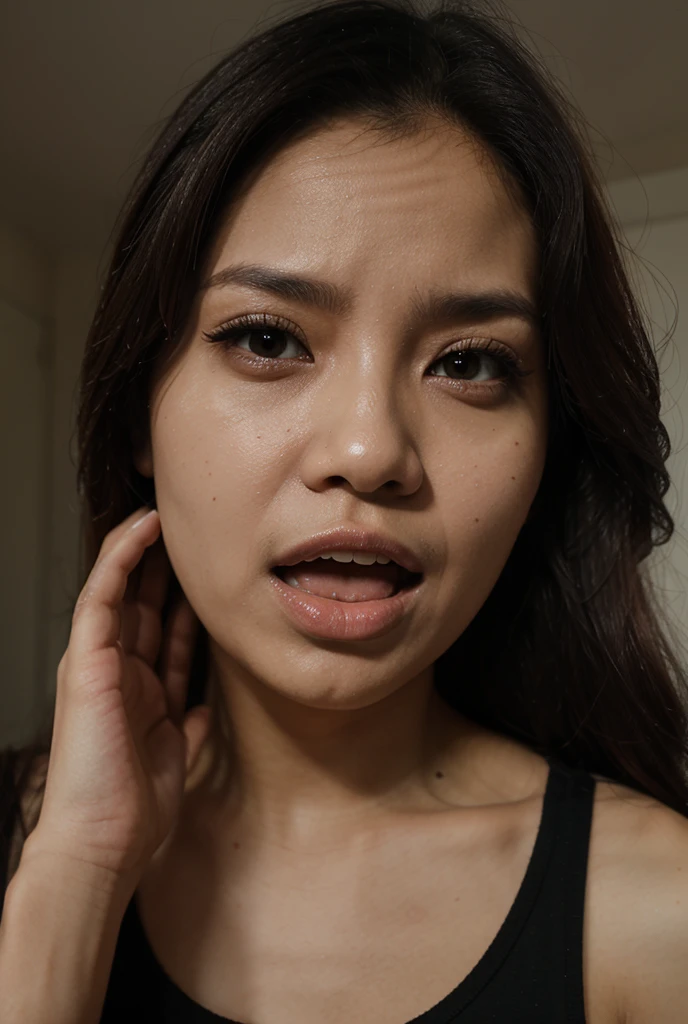 Chubby Indonesian women, 25 years old,naked hooded, little fat 60 kg, Vaginal discharge very much, facial expression groaning in pain, loose hair, penis toy in the vaginal hole