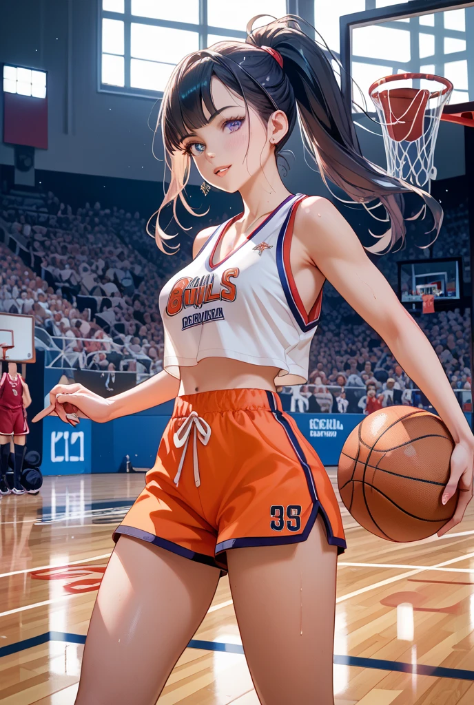 (RAW Photo, 4K, Masterpiece, High Resolution, Extremely Complex) (Realistic: 1.4), Cinematic Lighting 1 Girl, Single Focus, Summer Noon, Hot, 1990s\(Style\), (Best Quality), (Highres), (An Extremely Delicate and Beautiful),,(Beautiful 8k face),(Brown eyes),( ulzzang-6500:1.0),(solo),(looking side),(spectators),(large breasts),(NBA),bent over,,lookside,(side), ,(Basketball sportswear),((Play basketball)),((gymnasium)),((speed)), (reality),