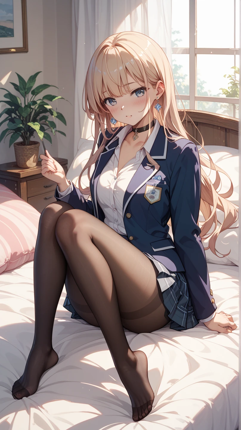 finest, masterpiece, High resolution, (Full body view from head to toe), front, frontやや下からの構図, Symmetrical, 18 year old girl, alone, (whole body from head to toe), small breasts, brown hair, slightly messy hair, long hair, bangs, (black tights), ( (black pantyhose), black pantyhose, (squating pose), (bondage), (spread legs), (tie one's hands behind one's back), (Her legs are spread and her white panties are visible between her legs.), composition show me your white panties, slender beautiful legs, とても美しい18 year old girl, (not wearing shoes), blush, shy big eyes, messy hair, looking at camera, show me your white panties, Hide your arms behind your back, Blazer Uniform, plaid pleated skirt, beige cardigan