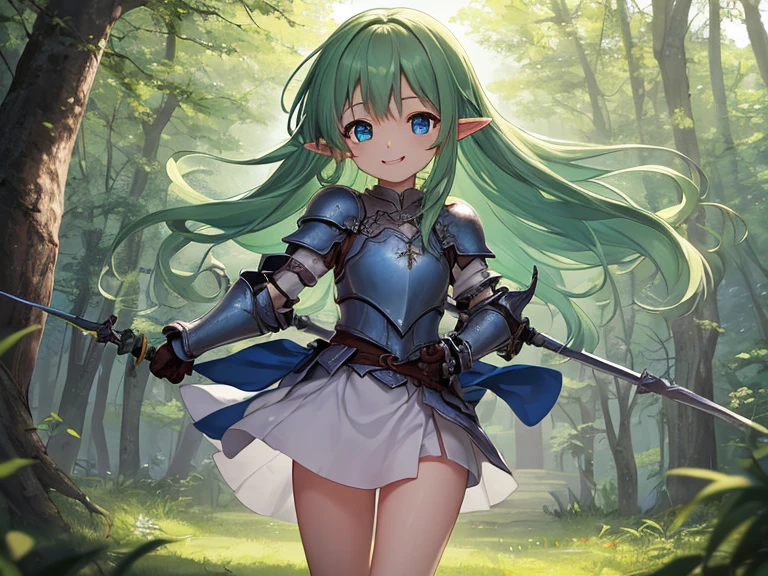 High quality, master peice, 4k resoultion, a single girl elf with fair skin, gorgeous body blue bra and panty, big tits, dark long balck hair, green eyes, sexy pose, smiling gently, innocent and cute looking, tavern background, gentle lighting