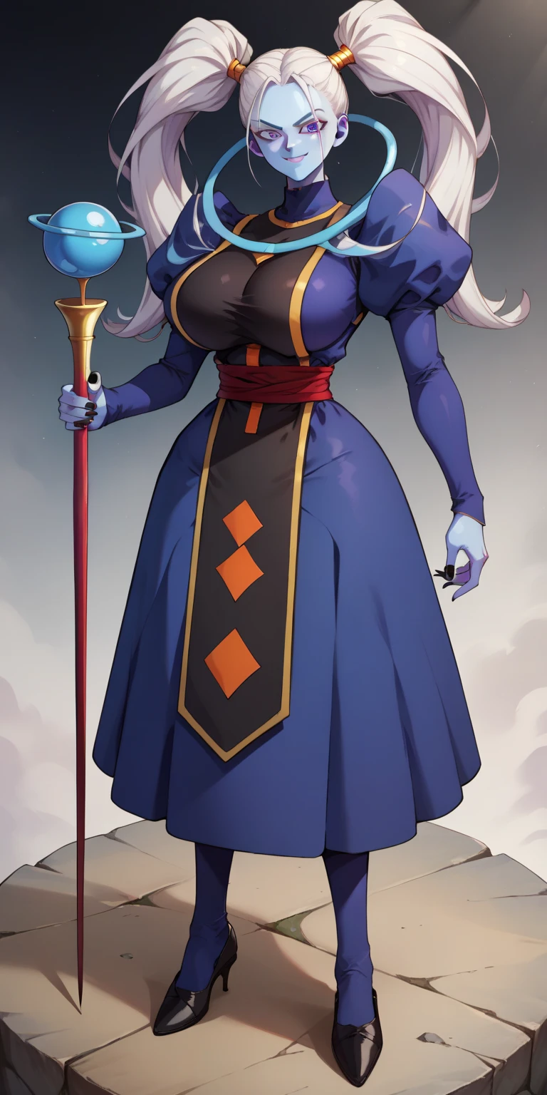 VadosSDXL, 1girl, solo, long hair, huge breasts, looking at viewer, smile, large breasts, Sexy body, cleavage, long sleeves, dress, holding, very long hair, purple eyes, ponytail, white hair, puffy sleeves, sash, colored skin, high ponytail, juliet sleeves, staff, puffy long sleeves, holding staff, blue skin, hair pulled back,