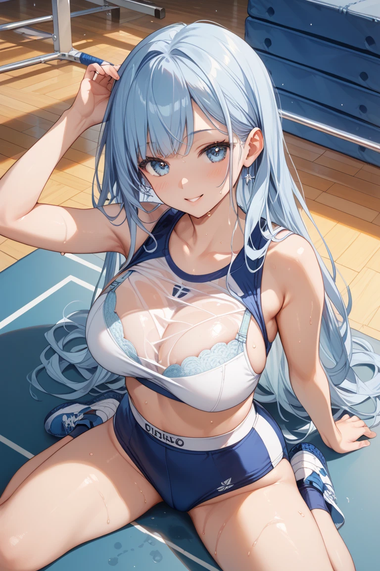 1 girl、solo、masterpiece、highest quality、gray hair、blue eyes、wavy hair、twin tails、slanted eyes、laughter、embarrassing、blush、big breasts、white sports bra、紺色bloomers、bloomers High leg、thigh high socks、spread legs、Please show your crotch to the camera、stare at the camera、put your arms behind your head、show off your armpits、nipple、大きなnipple、スポーツGym、are training、Gym