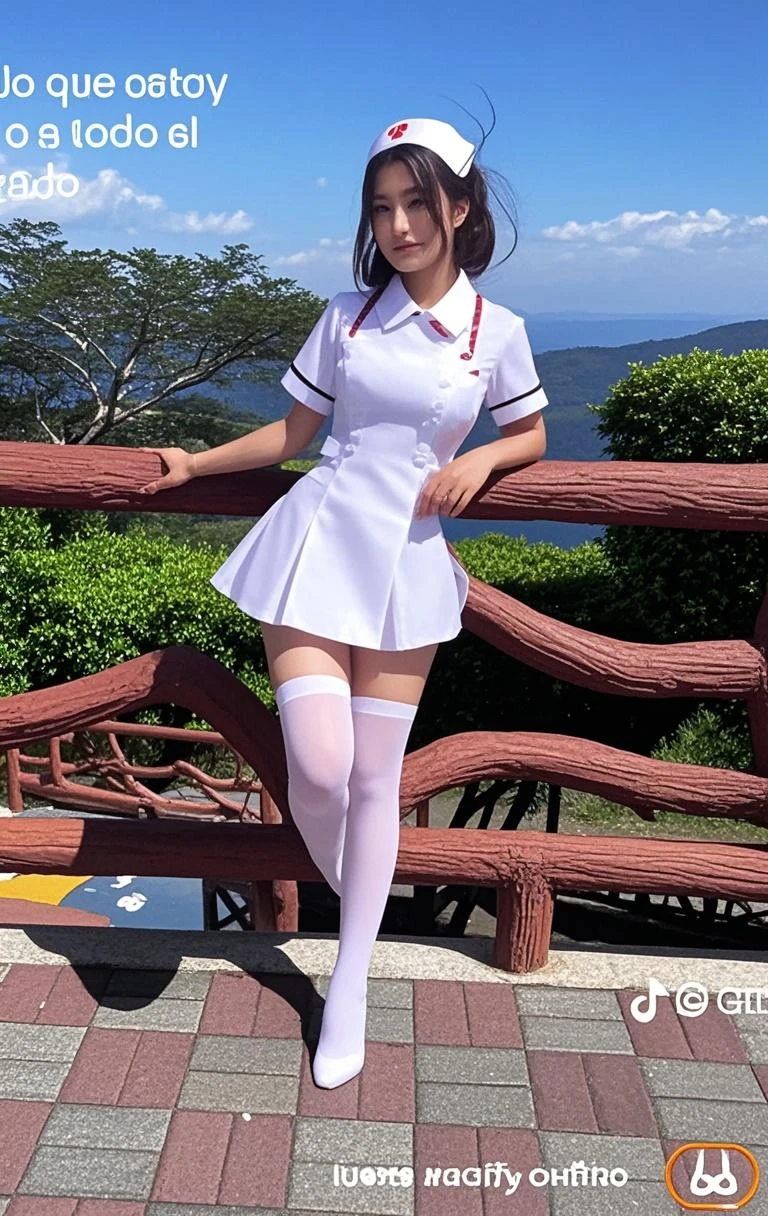 Close-up: Standing at the hospital entrance, a tall, long-legged, huge-breasted nurse mature woman, seen from below, nurse uniform, white stockings