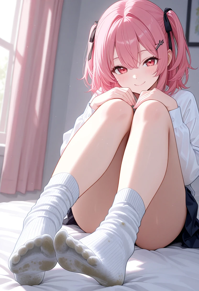 Anime style,Cute Anime style girl,Short white hair,Heterochromia,Wear high-top pink sneakers,Blue hair band,Transparent skirt,Even the underwear can be seen,Chiquita,Your leg,Short Ponytail,Expose,White,look at the bottom of the skirt,Lift one foot forward,Expose soles,You can see the sole,The sole is completely exposed,Draw the sole,Chiquita,Lower body photo