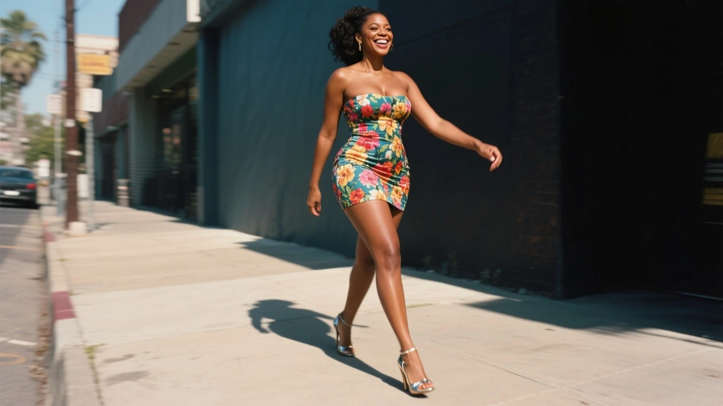 mini, giantess, attractive african american woman, frizzy hair, sitting on building, skyscrapers, New York, street view, <lora:gb4:0.8>