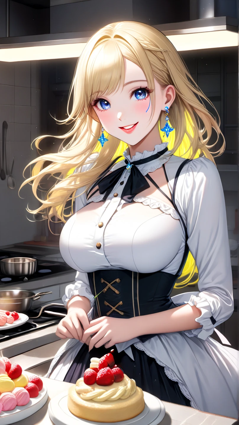 (Symmetrical eyes、Narrow eyes:1.1 Eyelight、iris)、Big Breasts,Shiny skin:1.5,1 female,High resolution,High resolution,Ultra-realistic,8k, European,sexy,Upper body close-up,Photographed from the front,Dynamic Angle, Blonde Hair、Dark eyeliner、eyeliner、eyelash、Long Ponytail、Top-notch female chef、Stylish chef coat,cock hat、Cleavage、sexy,Restaurant kitchen、I'm cooking、((Adult women:1.5))、