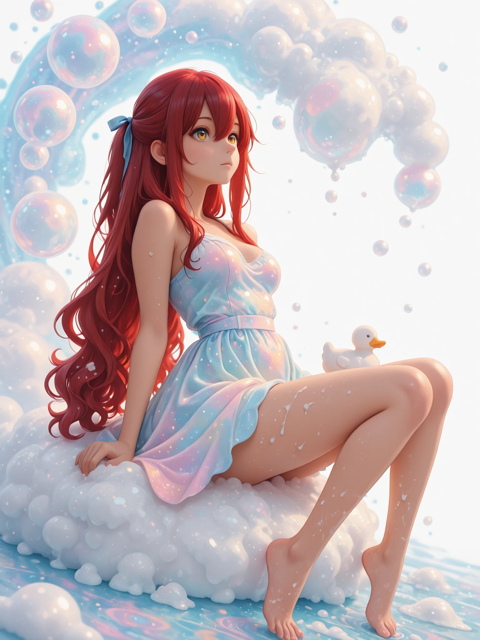 wide shot,full body 1 girl , golden eyes , very long hair , long sidelocks, red hair ,half updo, petite , very cute , beautiful ,Straight hair, cool, handsome, hair between eyes, sexy, medium breasts , (twintails), fluffy wavy hair,sundress,spread skirt,bare legs,long hair ribbon light blue ribbon((soap bubbles))(colorful soap bubbles)((lots of soap bubbles)) lots of soap bubbles))(light leaks)(sharp reflection light)soap bubbles in background,duck toys,glitter,sitting dynamic angle,((best quality)) ,water_aesthetic, watercolor, abstract background, white background, watercolor background, pastel_colors, lying on her back