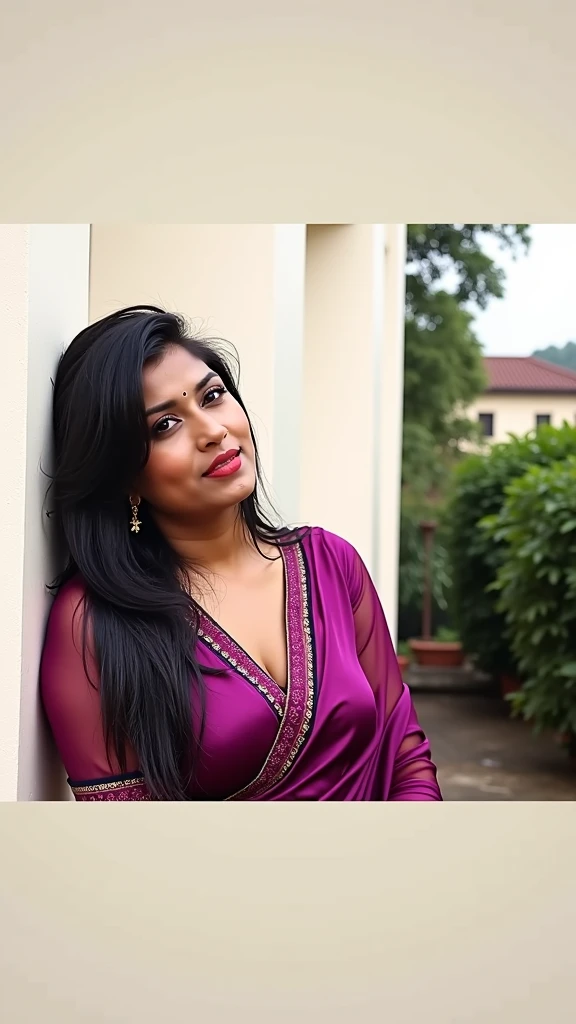 A sexy ((Indian)) lady named Savita BHABHI ((thirty five year old woman)) with a ((breast and cleavage)), a Panjabi Kurti and Pajama. long ((long black hair wavy)), ((City garden)), ((Full BODY)),(( seated on bench))