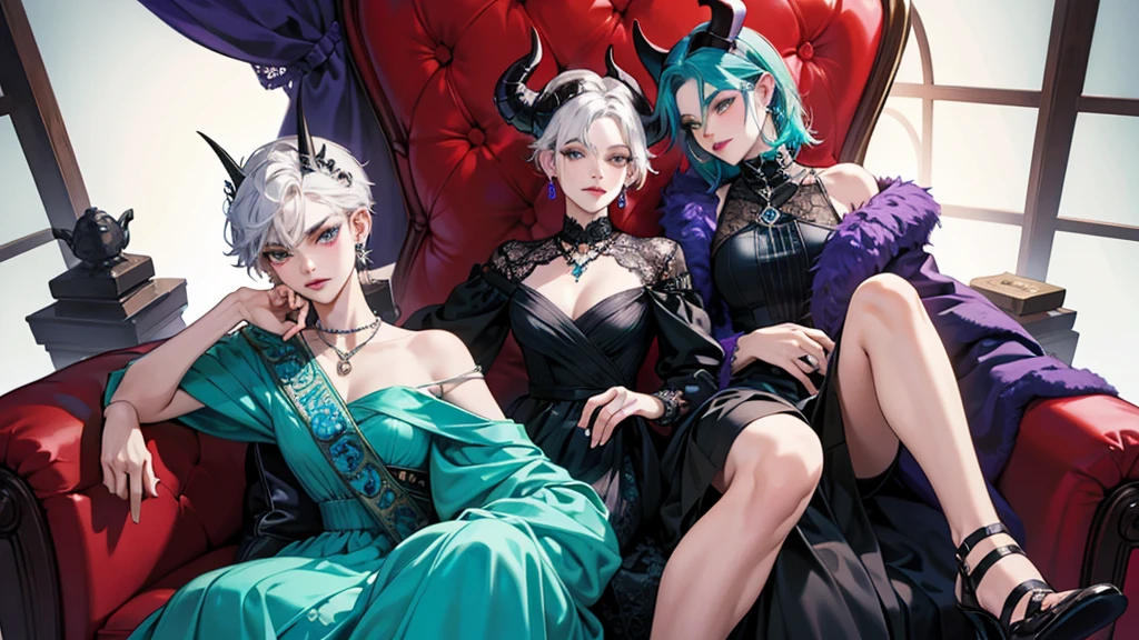 A closeup of a woman sitting on a throne with a demon on her shoulder, Succubus bonito | | |, succubus | medieval, Beautiful elegant demon queen, Rainha do Submundo, arte de estilo fantasia escura, succubus, Lilith, Epic fantasy art style, estilo de arte de fantasia, menina anime demon, Rainha do Inferno, anime fantasy illustration, arte de fantasia de anime, cabelo roxo, vestido branco e preto