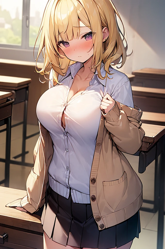 ((masterpiece、Highest quality、Very detailed))、One person、gyaru、Blonde、Long Hair、straight hair、Grey Eyes、evil smile、((open mouth))、((lots of piercing))、Large Breasts、((White collared shirt))、((lightbrown sweatervest))、((Black pleated skirt))、Thick thighs、((micro miniskirt:1.3))、Cowboy Shot、Classroom Background