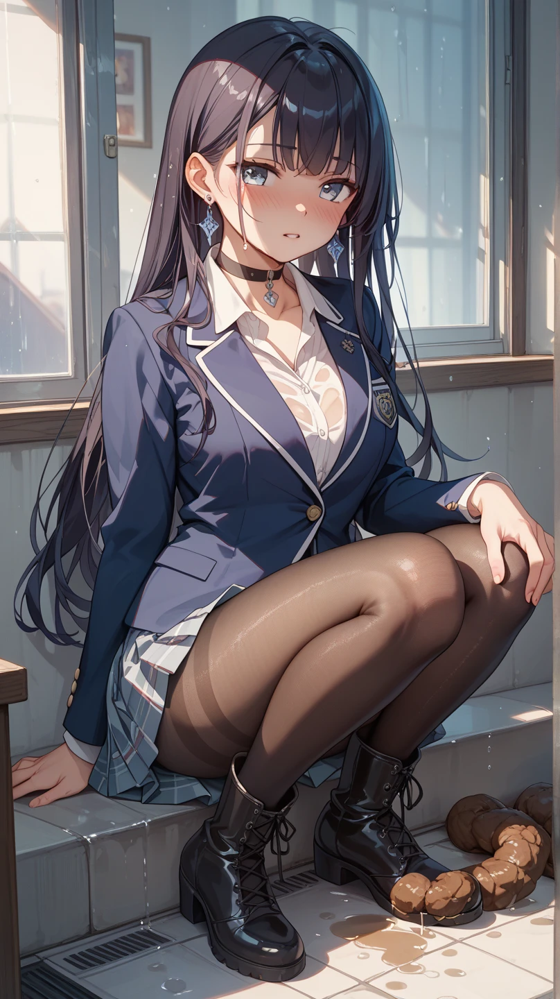 Finest, masterpiece, high definition, (full body), frontal, symmetrical, mature high school girl, solo, (full body from head to toe), small breasts, long hair, slightly messy hair, (black tights), ( (black pantyhose), black pantyhose, composition showing white panties, slender beautiful legs, a very beautiful 17-year-old girl (not wearing shoes) legs), blushing, shy big eyes, messy hair, looking at camera, showing white panties, white frilly lingerie, high school uniform blazer, high school uniform White blouse, high school uniform with blue ribbon, high school uniform with short plaid pattern and navy pleated skirt