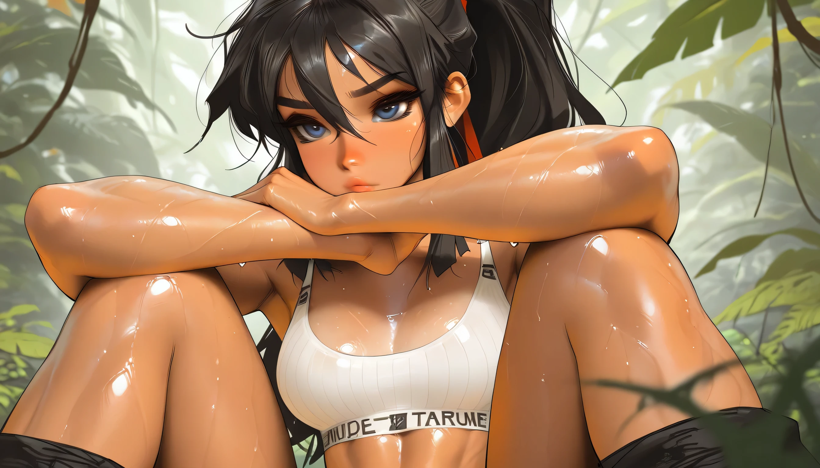 masterpiece, best quality, very aesthetic, movie quality, depth of field,soft saturation, focused subject, ,official style, shiny skin, secret mission, bra, thong, 1girl,, black hair, blue eyes, hair between eyes, long ponytail, (tan skin, dark-skinned female
,), athletic body, shirow masamune, sam yang style, dasha_taran, oily skin, , medium breasts, bored expression, ninja girl, extremely sweaty skin, jungle, arms around knees sitting