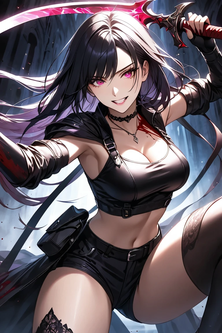 Highest quality、Highest quality、Masterpiece、girl((Age 25、as soon as、Highest Bust、Medium Bust、Wide open chest、Red glowing eyes、Black Ear、Red Mesh、Disheveled Hair、Loincloth、thin、The best valley、Open chest、Luminous Wristbands、hair ornaments、Full body view、Tank top、Black ninja costume、scar、Full body scar、Fighting Pose,Japanese sword))、high quality、Beautiful Art、background((night、Ninja World))、flight、Flying Debris、Depth of text、movie、Visual Arts、Perfect Art、8K、Genuine、