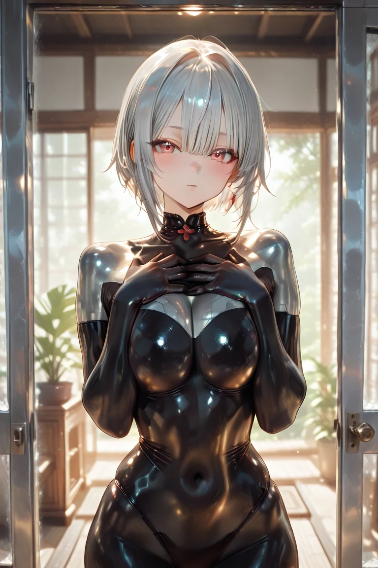 masterpiece,Best Quality,Highly detailed,1girl,Metallic White Silver tanktop,latex,Black Hair Bob,Red Eyes,